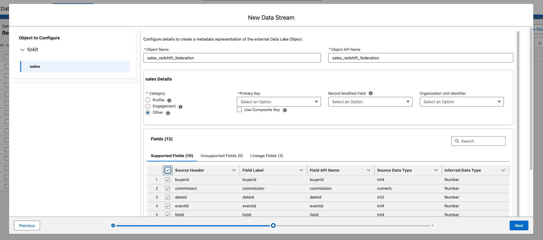 Configure the object, category, primary key, and fields. And choose Next