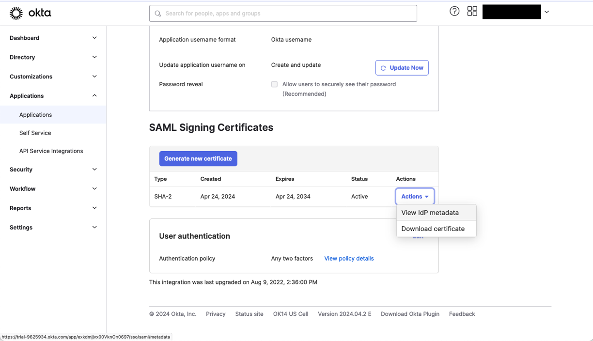 Identity provider metadata in Okta