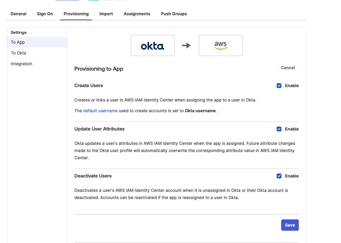 Application provision in Okta