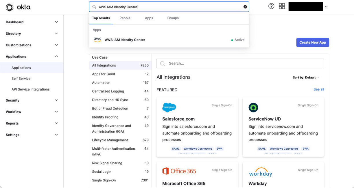 IAM identity center app in Okta