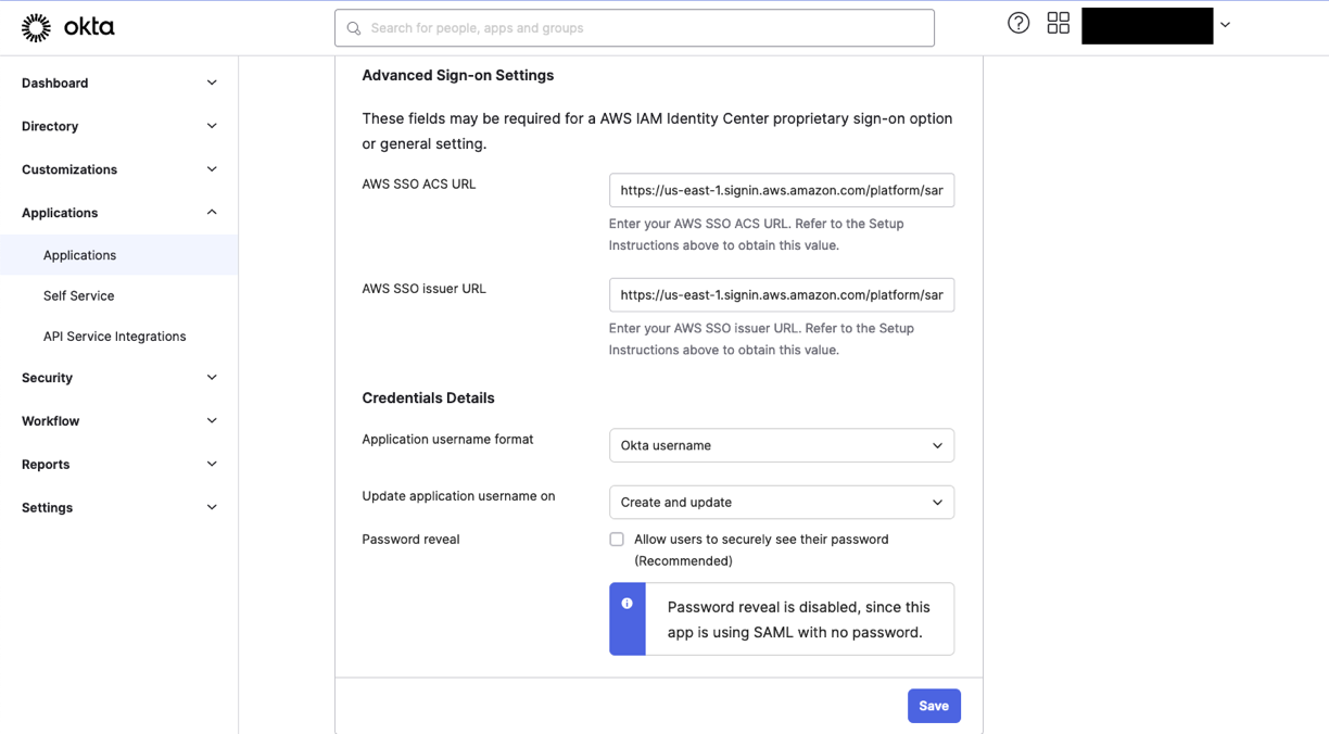 IAM identity center app in Okta - sign on
