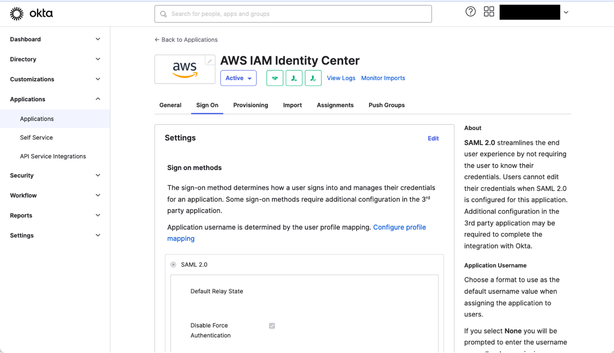IAM identity center app in Okta - sign on