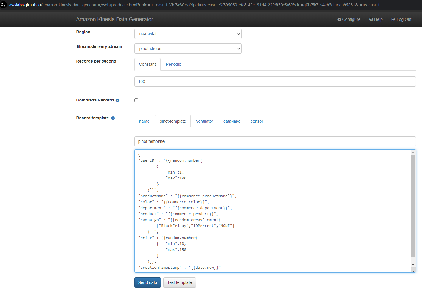 Kinesis Data Generator configuration