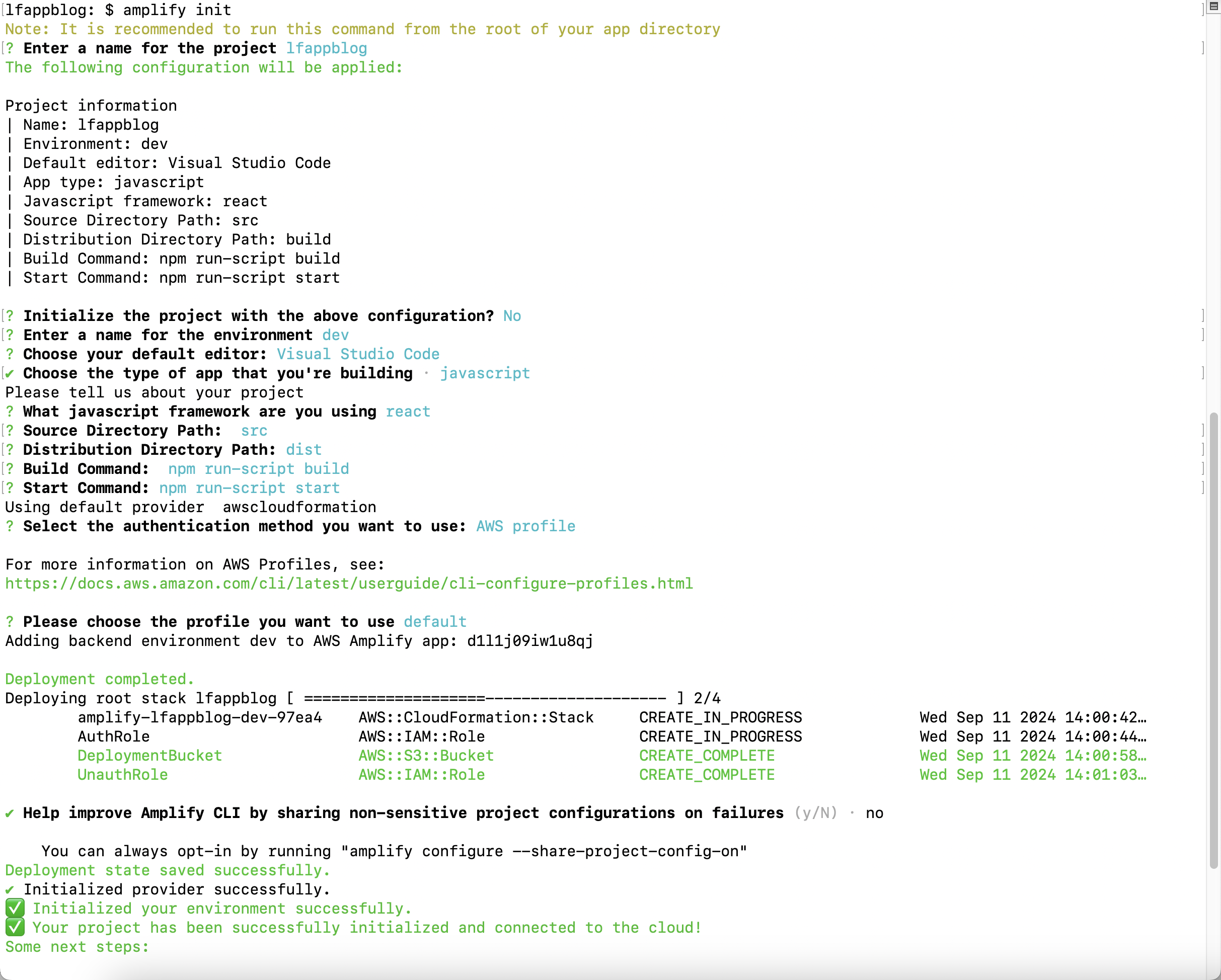 amplify init command and output