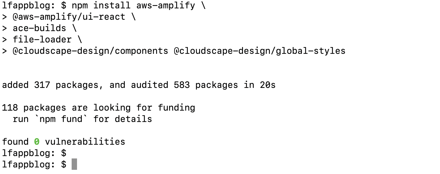 npm install for required packages command and output