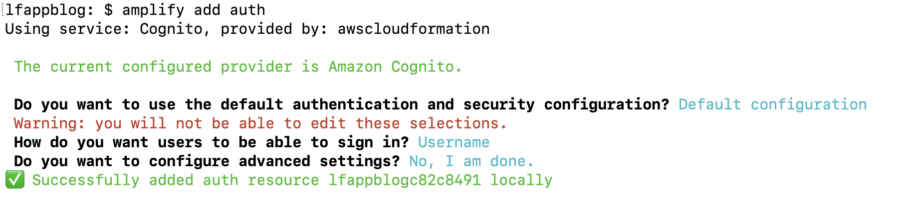 amplify add auth command and output