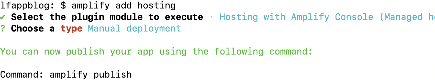 amplify add hosting command and output