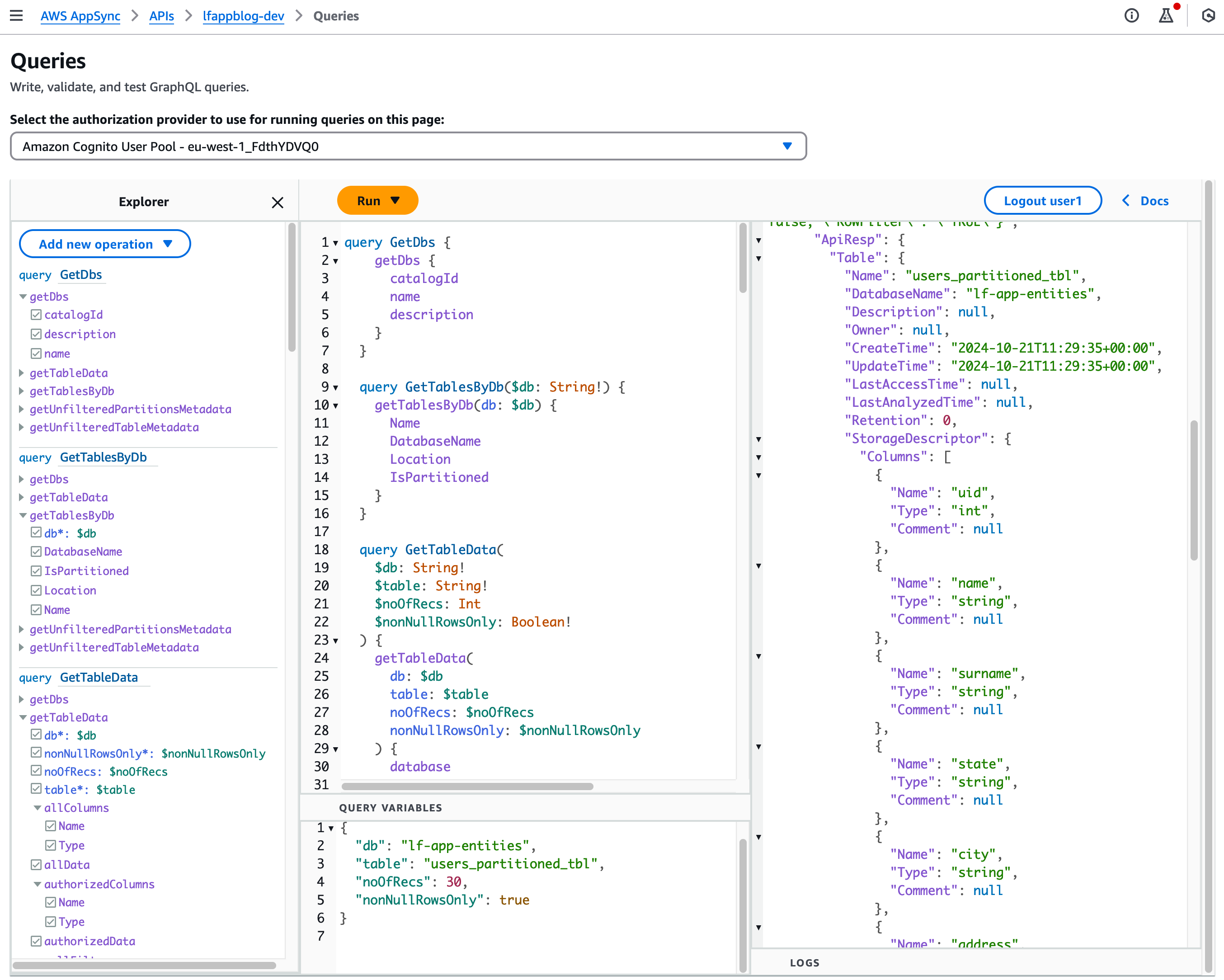 AWS AppSync Queries page