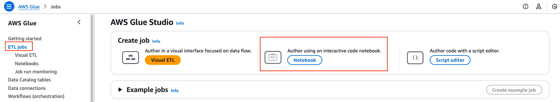 Image showing AWS console page for AWS Glue to open notebook
