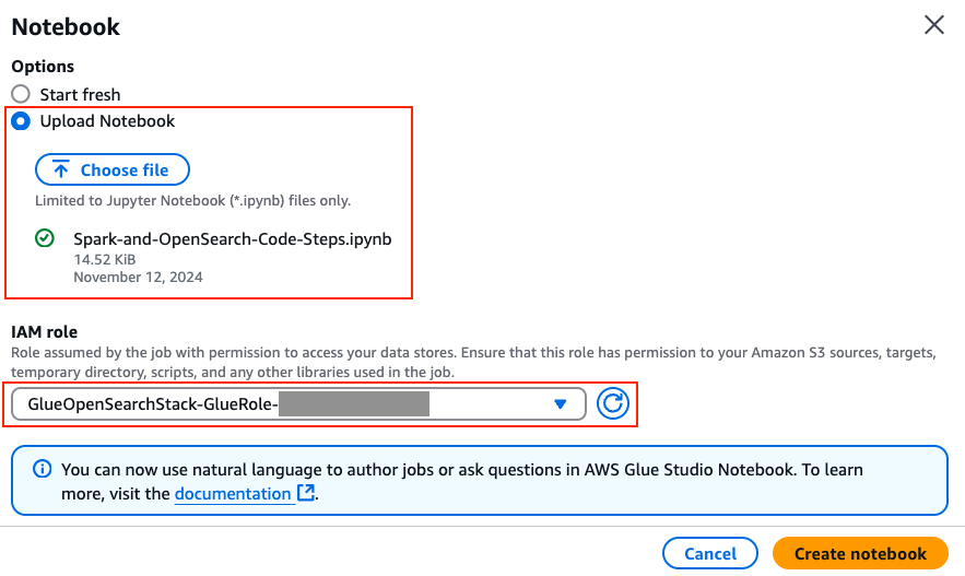 Image showing AWS console page for AWS Glue to open notebook