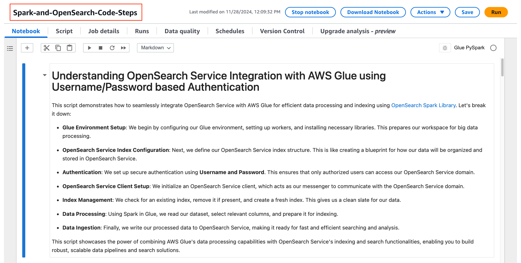 Image showing AWS Glue OpenSearch Notebook