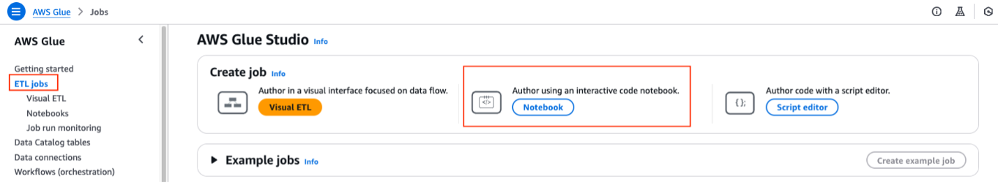 Image showing AWS console page for AWS Glue to open notebook