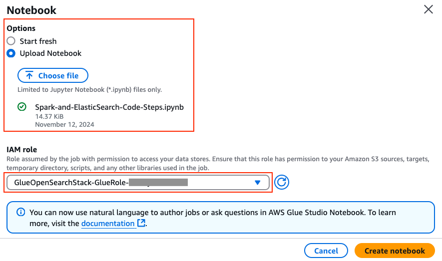 Image showing AWS console page for AWS Glue to open notebook