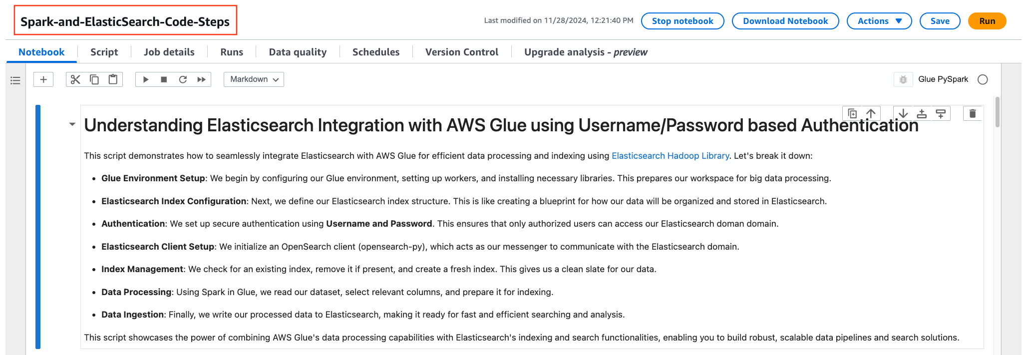 Image showing AWS Glue Elasticsearch Notebook