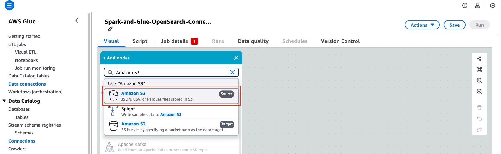 Image showing AWS console page for AWS Glue Visual Editor
