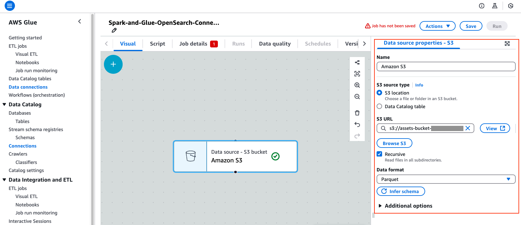 Image showing AWS console page for AWS Glue Visual Editor