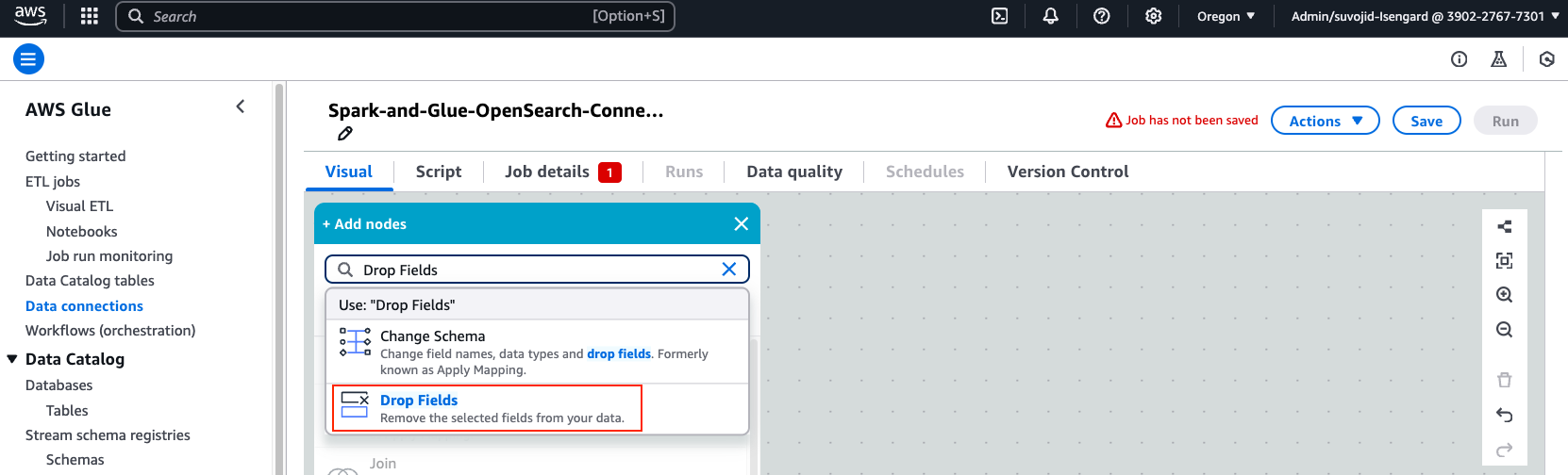Image showing AWS console page for AWS Glue Visual Editor