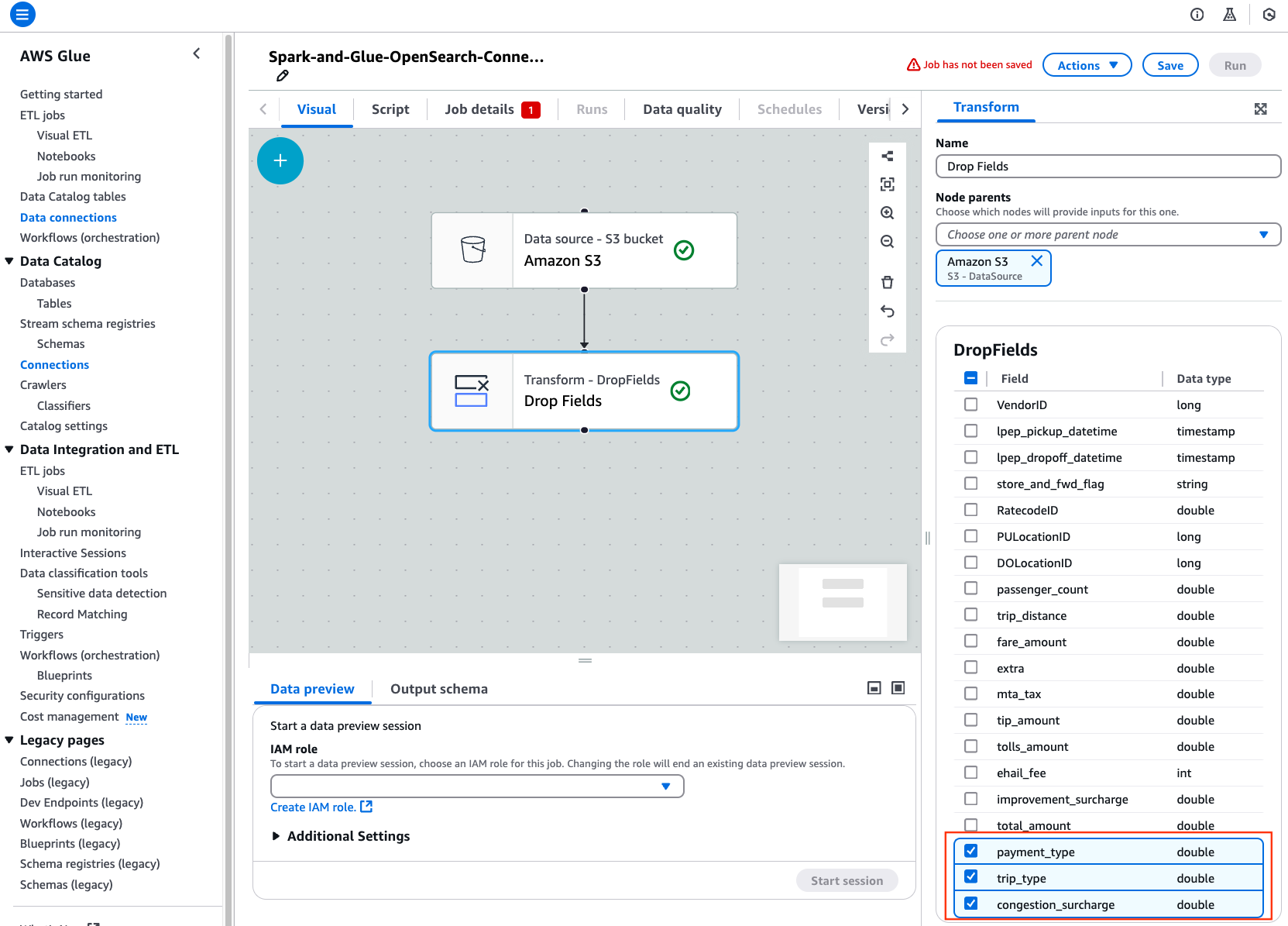 Image showing AWS console page for AWS Glue Visual Editor