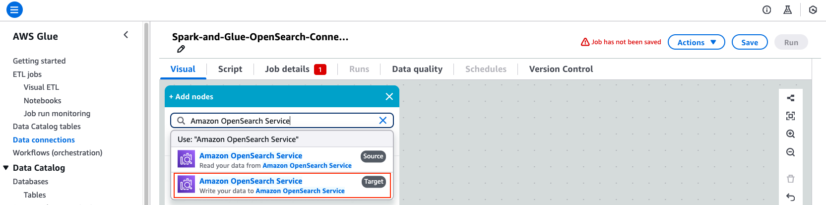 Image showing AWS console page for AWS Glue Visual Editor