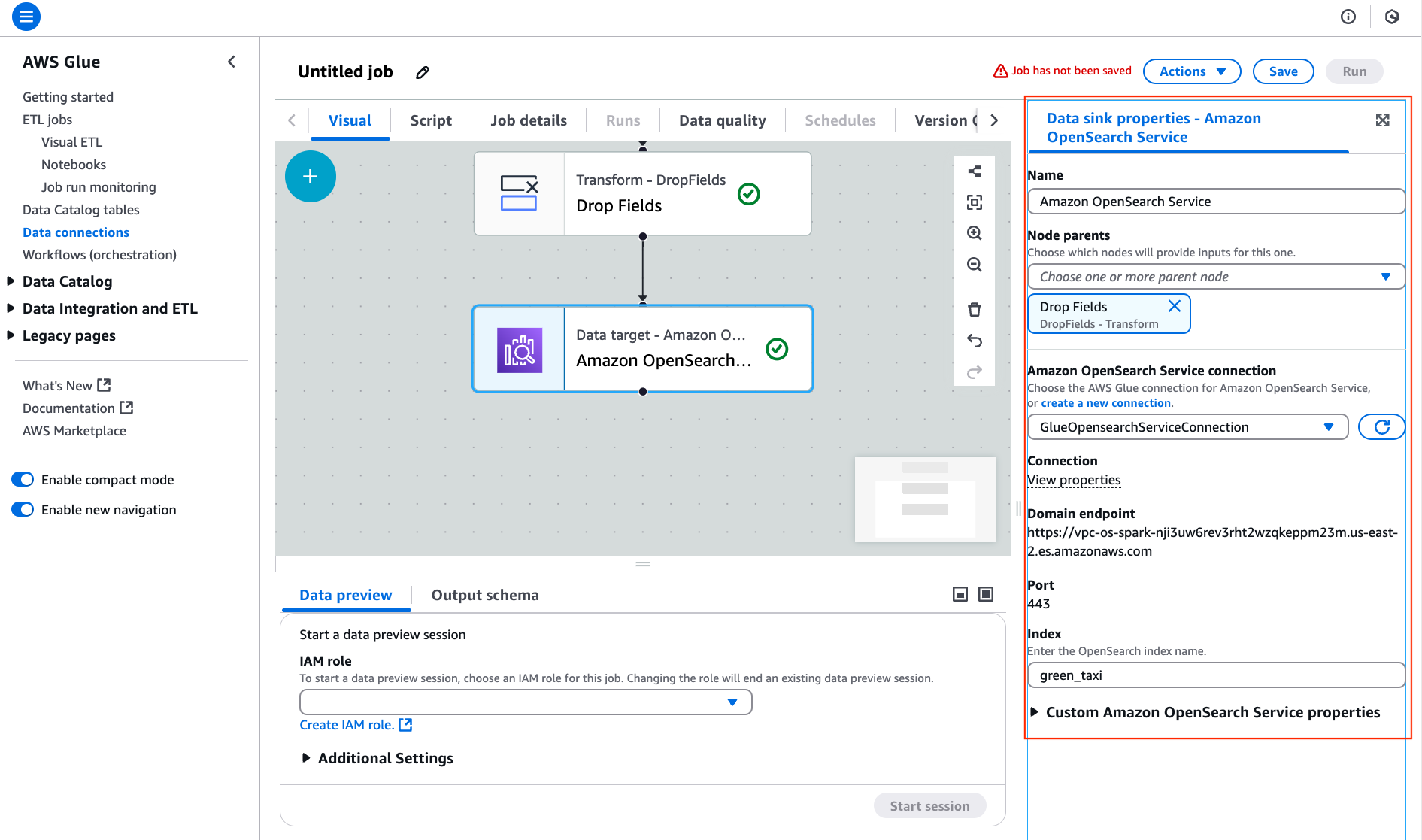 Image showing AWS console page for AWS Glue Visual Editor