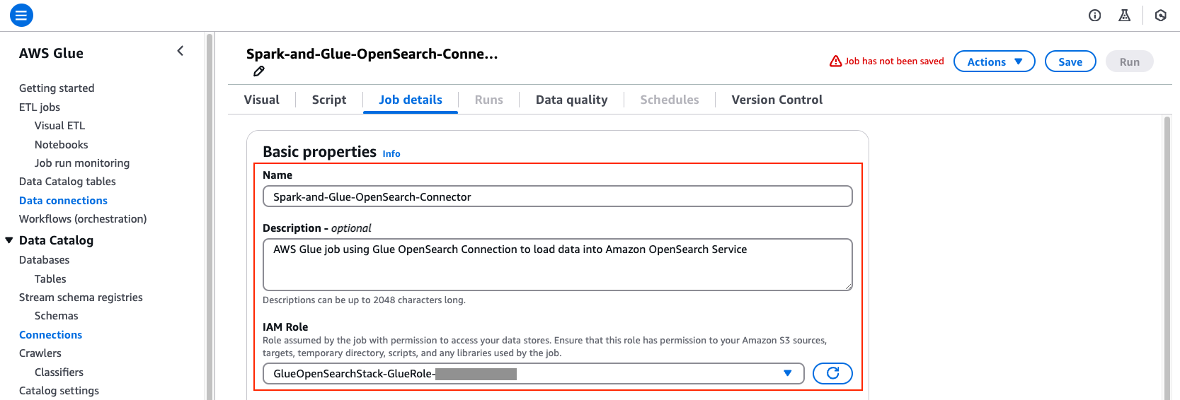 Image showing AWS console page for AWS Glue Visual Editor