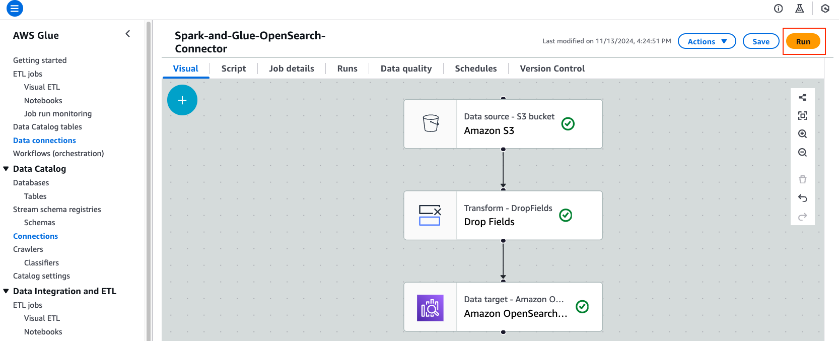 Image showing AWS console page for AWS Glue Visual Editor
