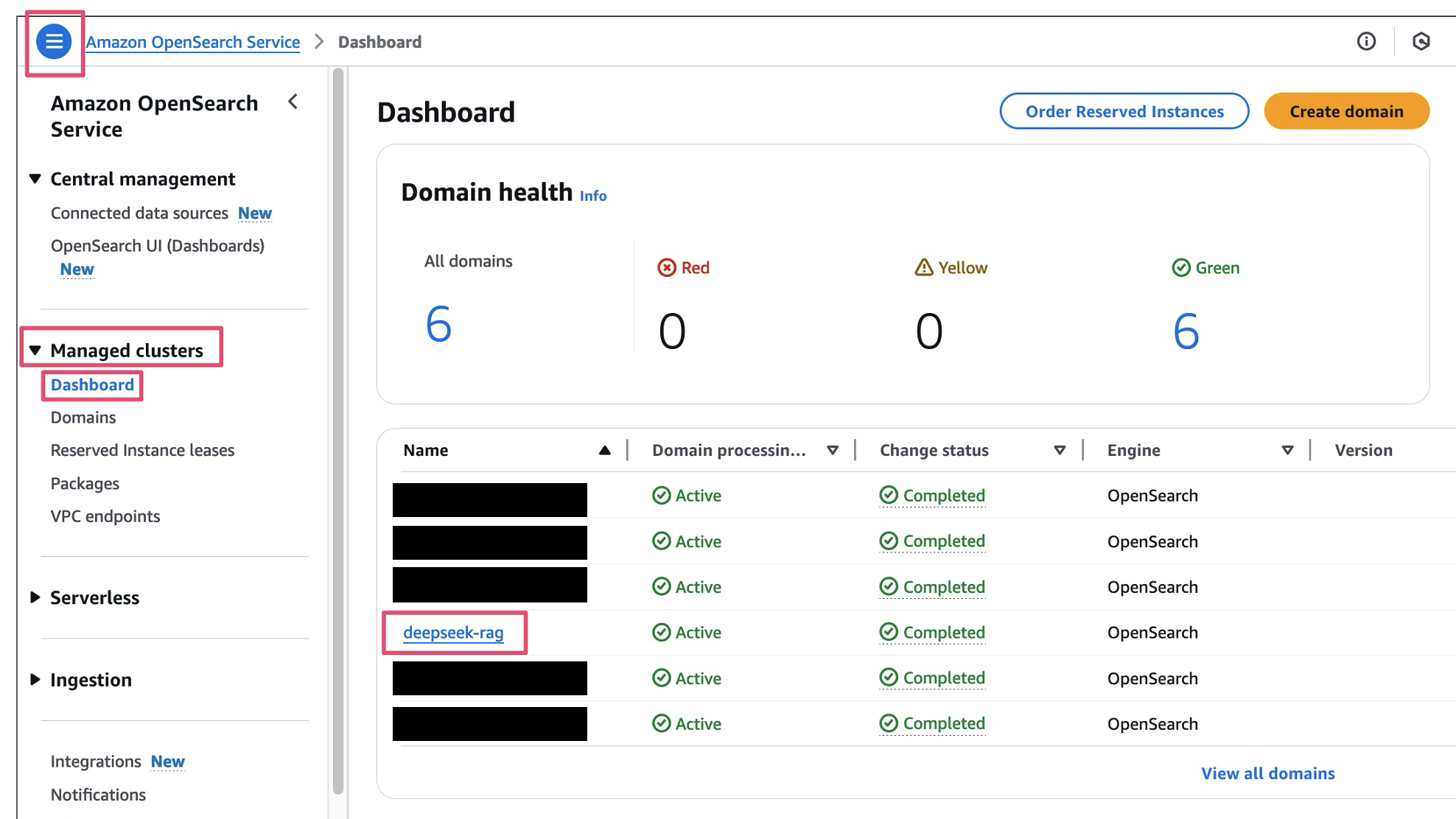 Amazon OpenSearch Service console on the AWS console showing where to click to reveal a domain’s details