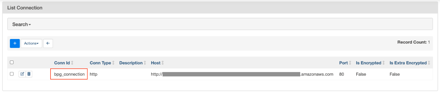 Image showing Airflow Connections page with bpg_connection configured.