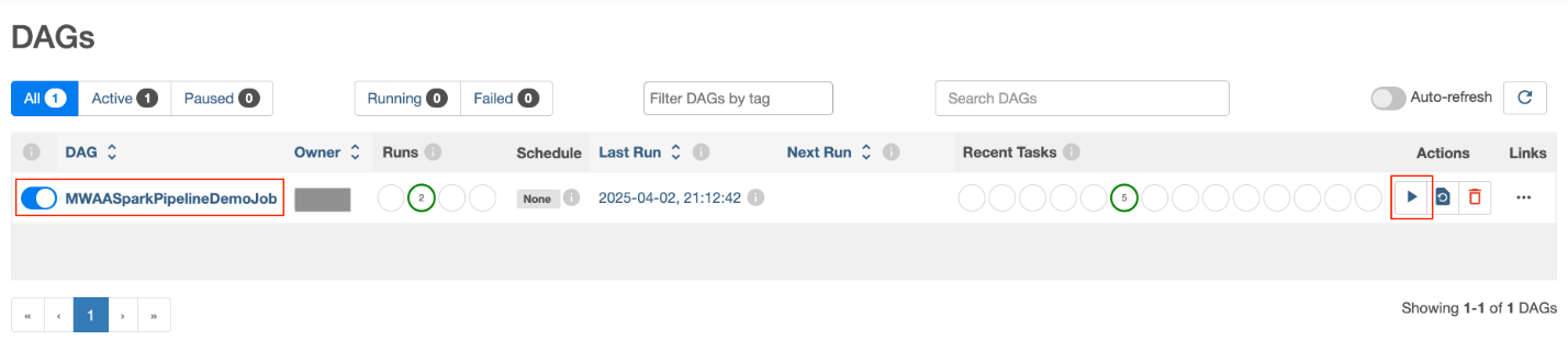 Image showing sample Airflow Job, highlighting the play button to trigger the job