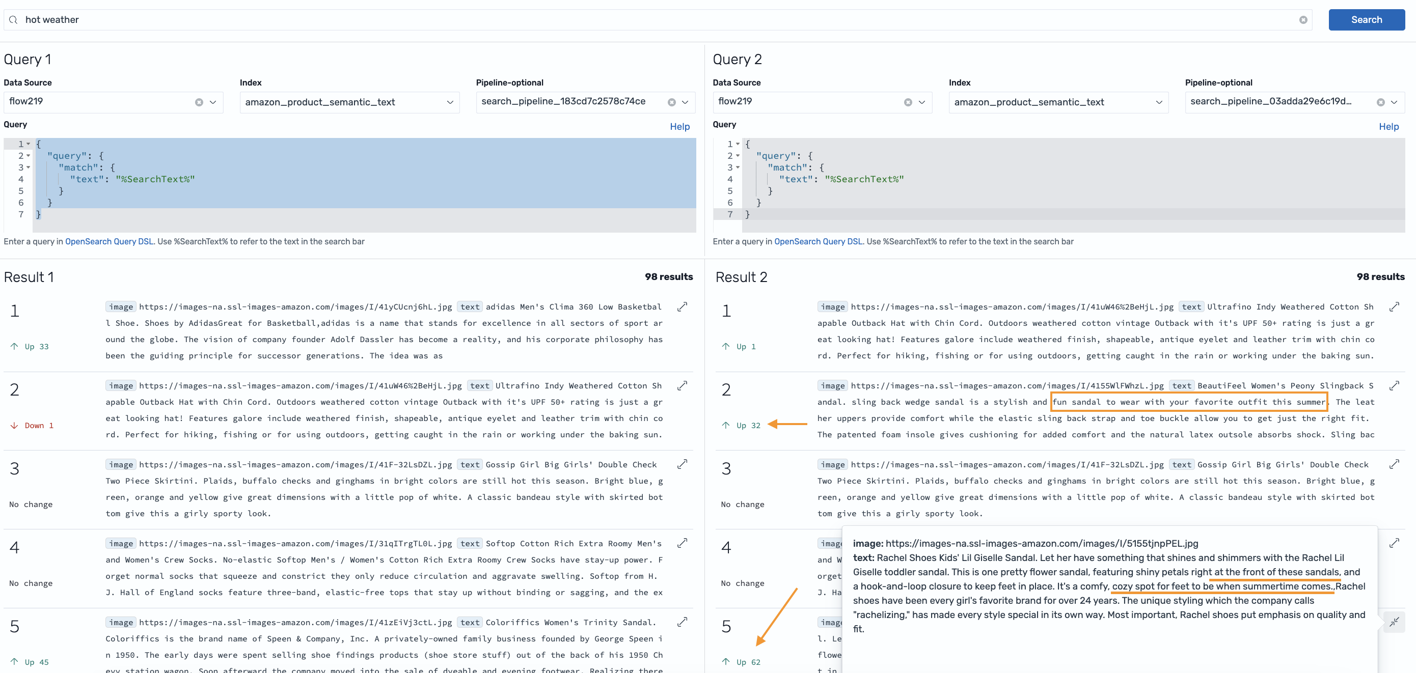 'hot weather'에 대한 재순위화된 검색 결과는 검색 품질 향상을 보여줍니다.