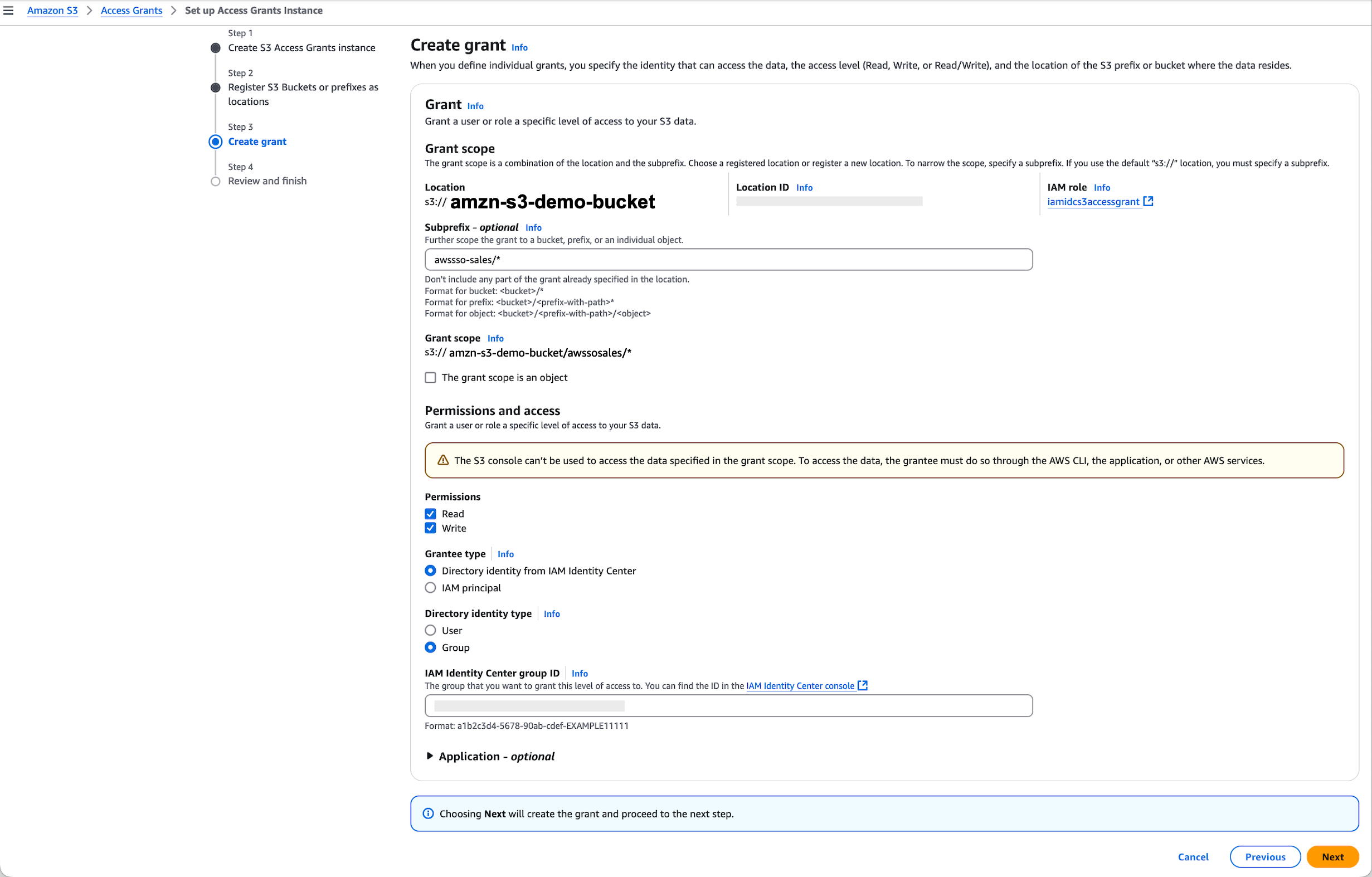 Figure 6: S3 Access Grants instance permissions and access
