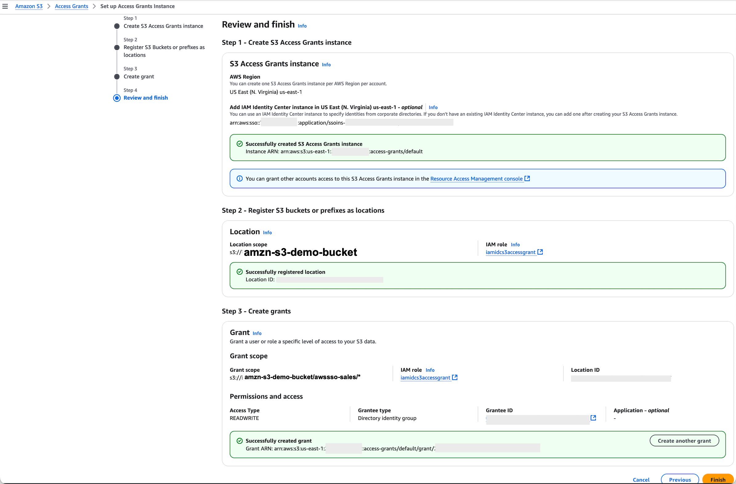 Figure 7: S3 Access Grants instance review information page