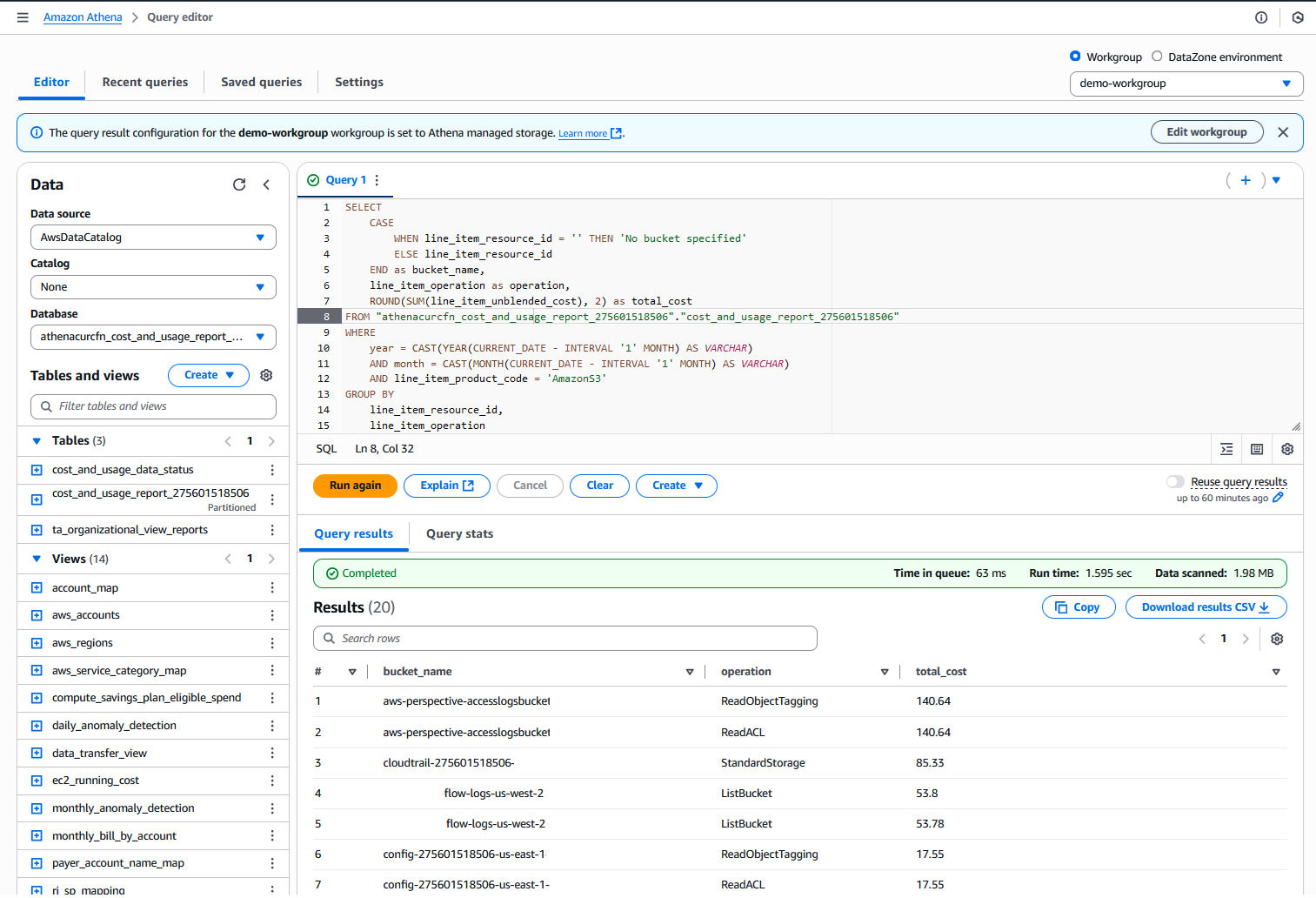 Running a query against the Cost and Usage report in the Athena console
