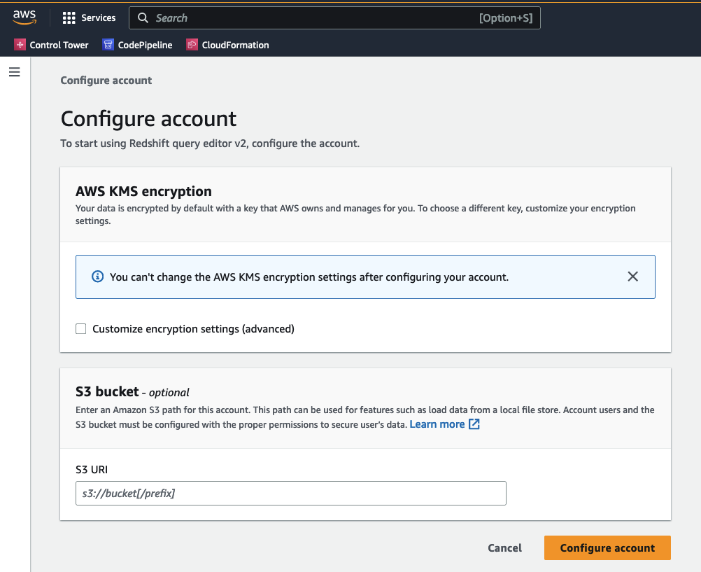 Redshift query editor configuration interface with AWS KMS encryption settings and optional S3 bucket path input