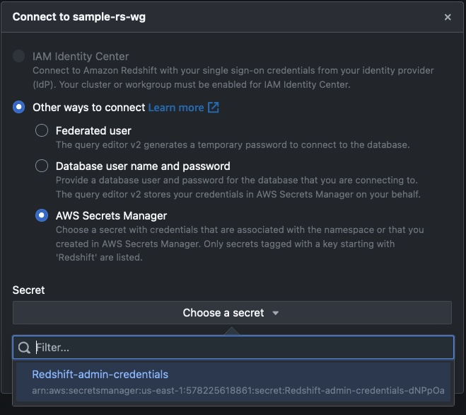 Redshift connection interface displaying IAM Identity Center and AWS Secrets Manager authentication methods with credential selector
