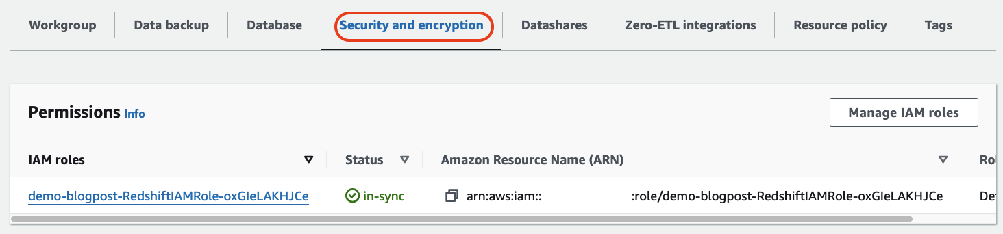 Redshift security configuration panel showing single synchronized IAM role with complete ARN and management options
