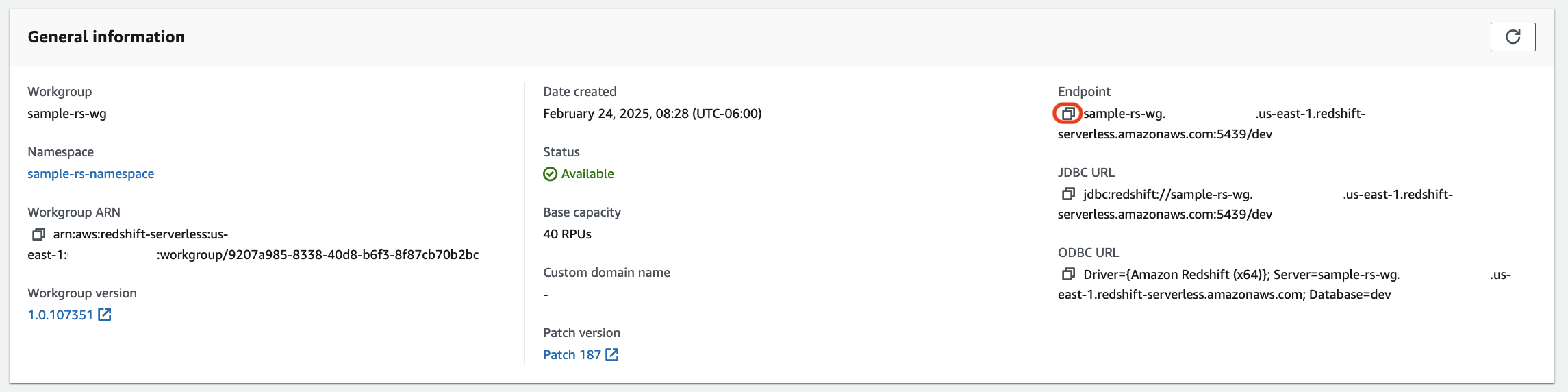 Amazon Redshift Serverless workgroup details showing configuration and connection information