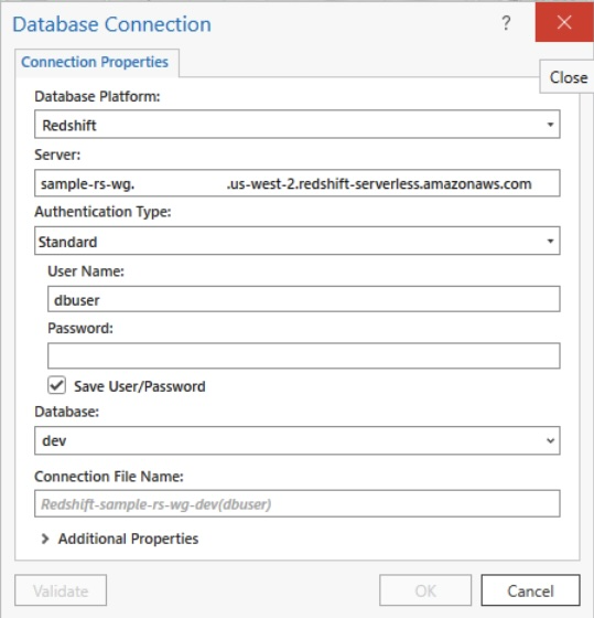 Amazon Redshift Serverless connection settings with server, authentication, and database fields