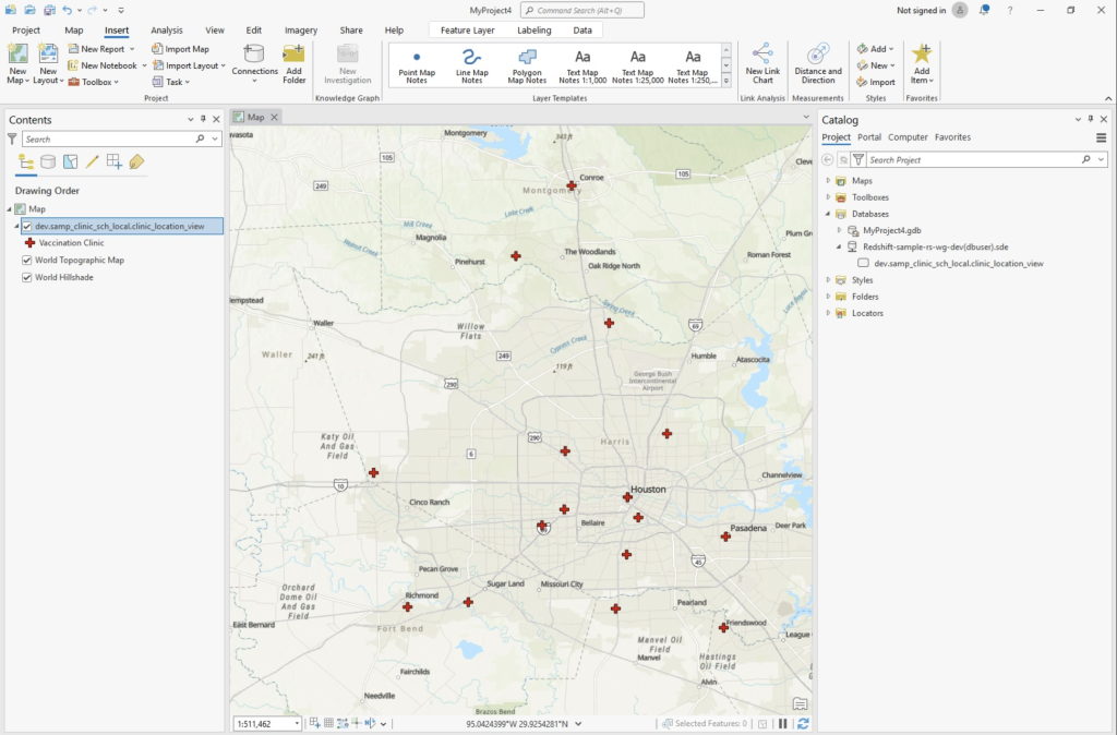 Professional GIS interface showing Houston metropolitan vaccination clinics with topographic base map, toolbars, and database connectivity