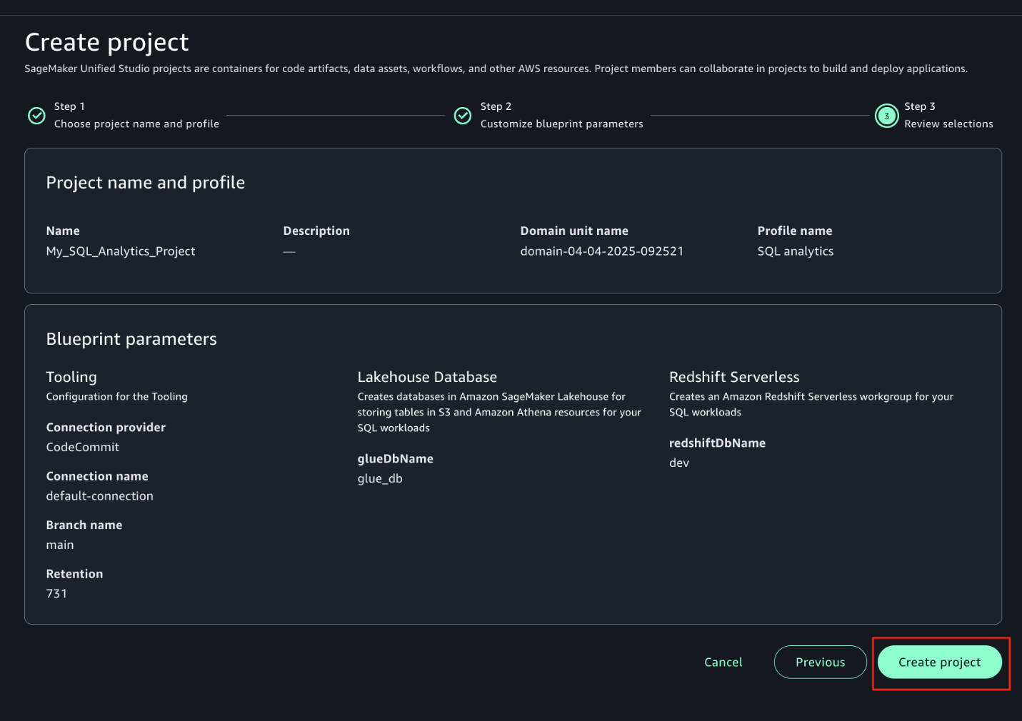 SageMaker Unified Studio create project wokflow (confirmation page)