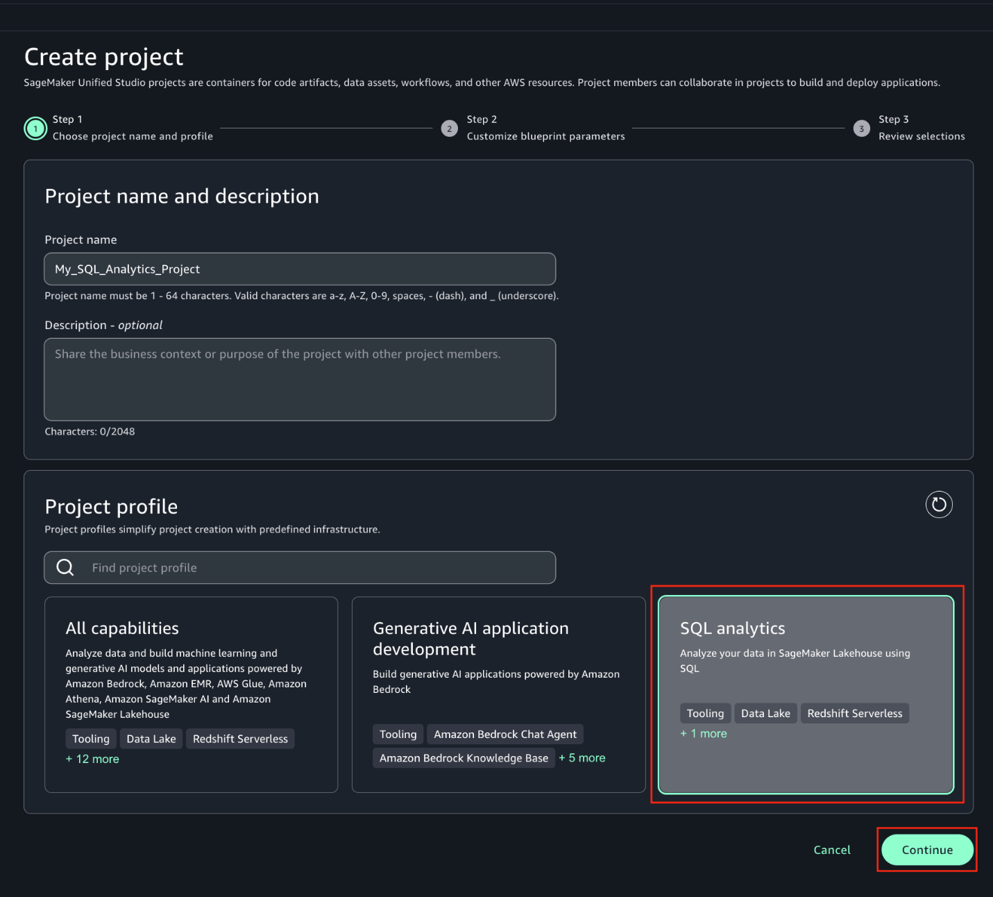 SageMaker Unified Studio create project wokflow (configuration page)