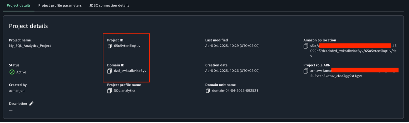 Project details page showing various details such as project id, project name and project IAM role ARN