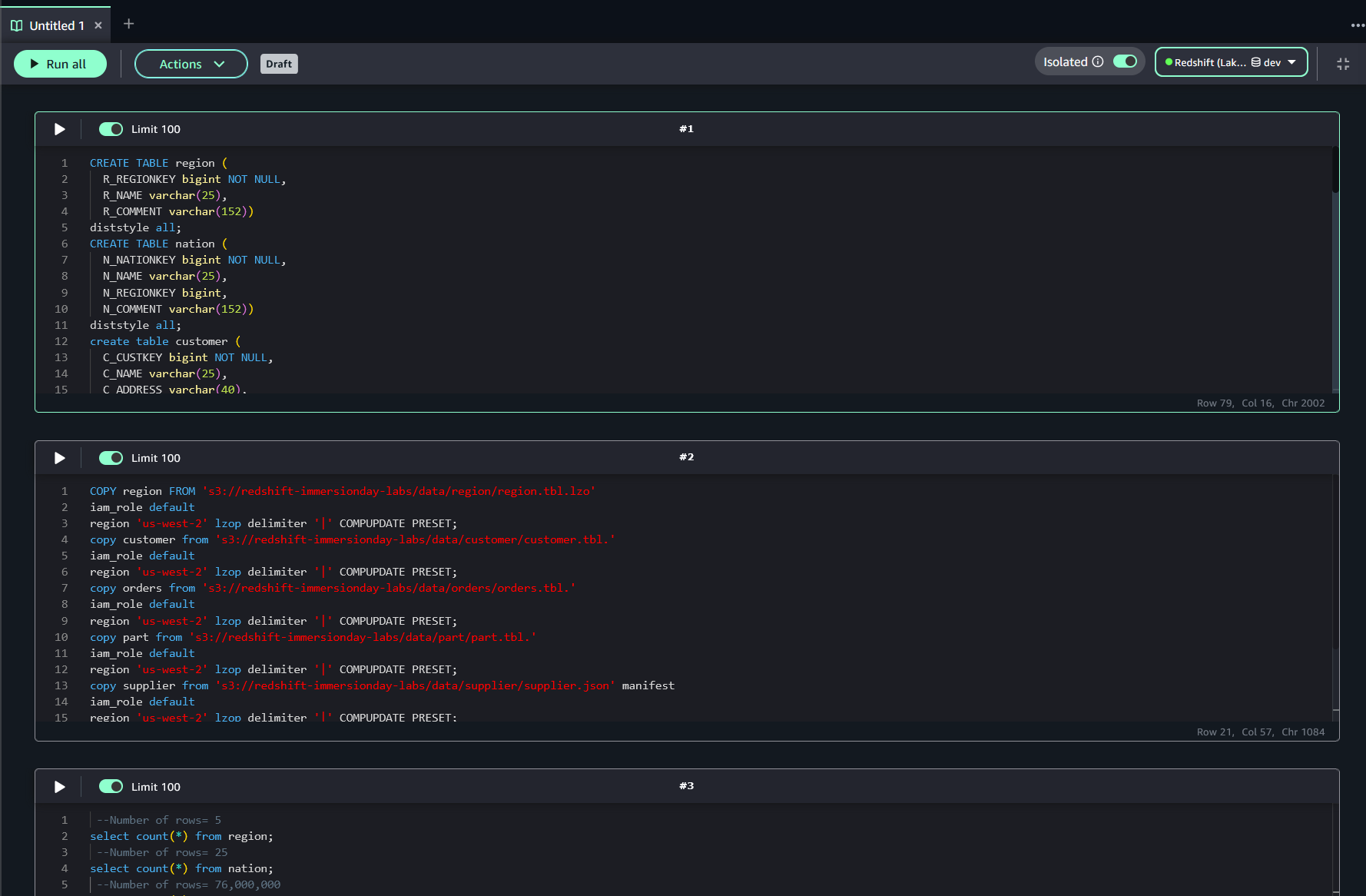 View of the Query editor within the SageMaker Unified Studio portal. Image contains two SQL queries (create tables and COPY data operation)