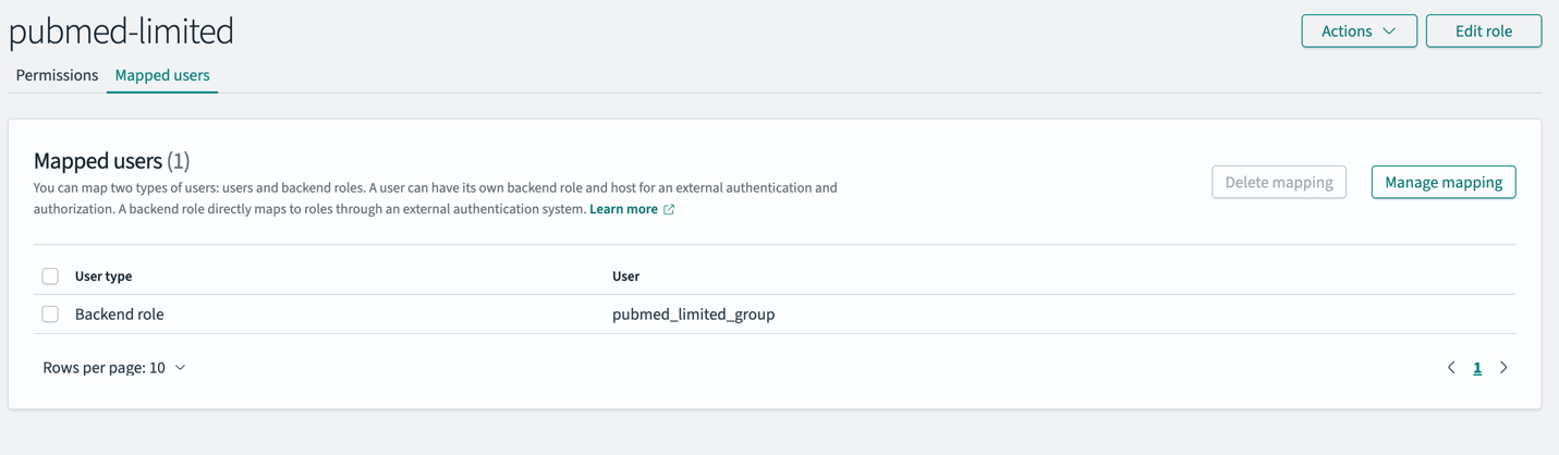Interface showing mapping of users to pubmed-limited OpenSearch Service role