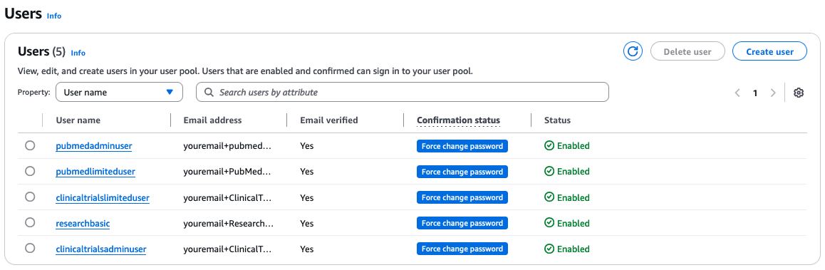 screenshot of Users section of Cognito User pool showing the target state after all the users are created.