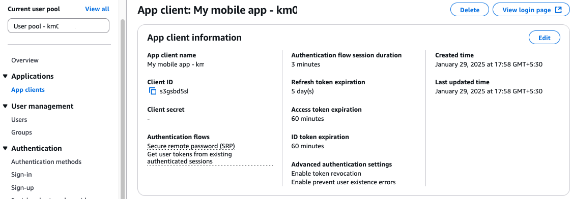 screenshot of the App clients section of the userpool