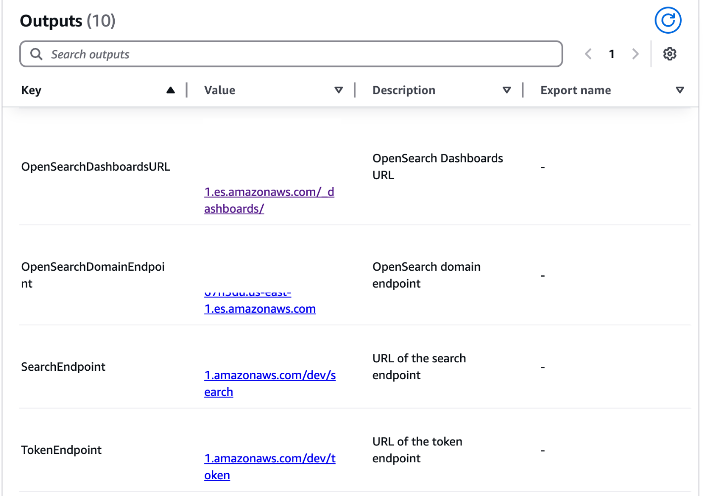 AWS CloudFormation Outputs tab displaying exported values and information from the stack. The tab shows a table with columns for Output Key, Output Value, and Description. This view allows users to see and access important configuration values and endpoints created by the stack.