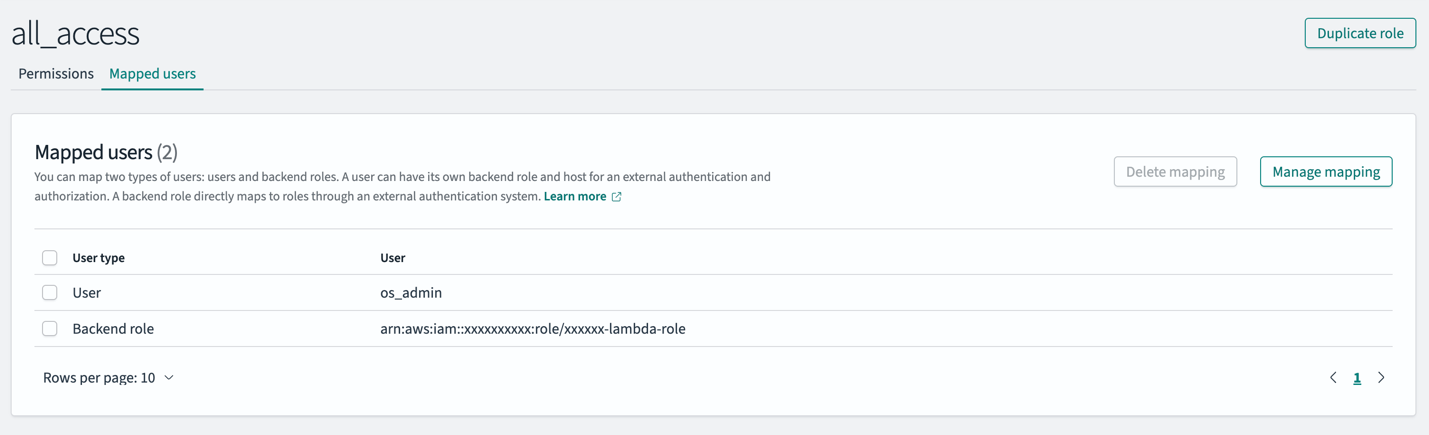 Interface showing mapping of users to all_access OpenSearch Service role