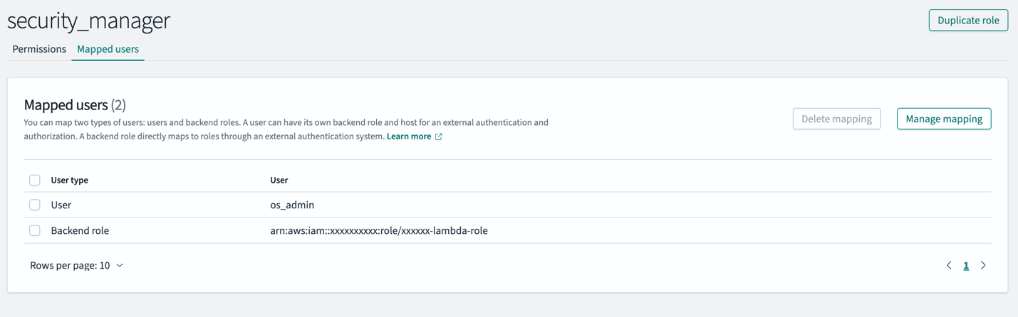 Interface showing mapping of users to security_manager OpenSearch Service role