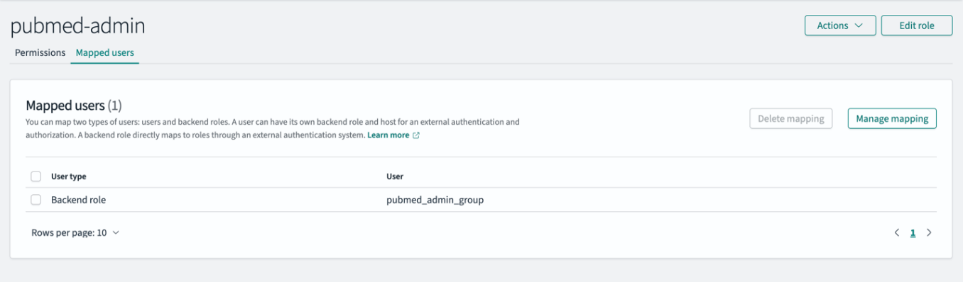 Interface showing mapping of users to pubmed-admin OpenSearch Service role